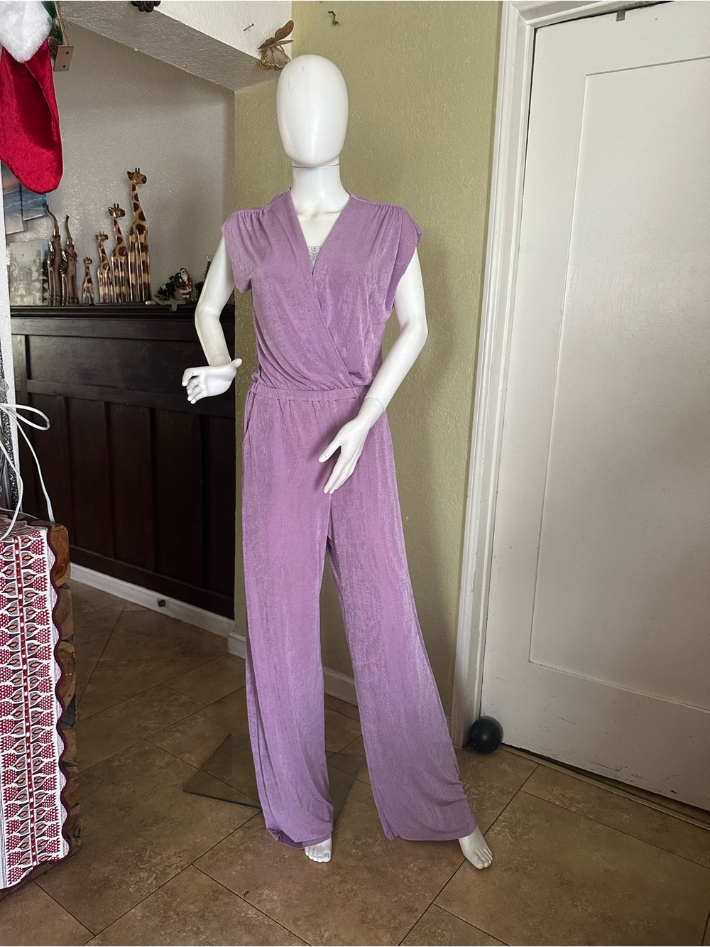 Sleeveless Lilac Surplice Jumpsuit with Elastic Waist